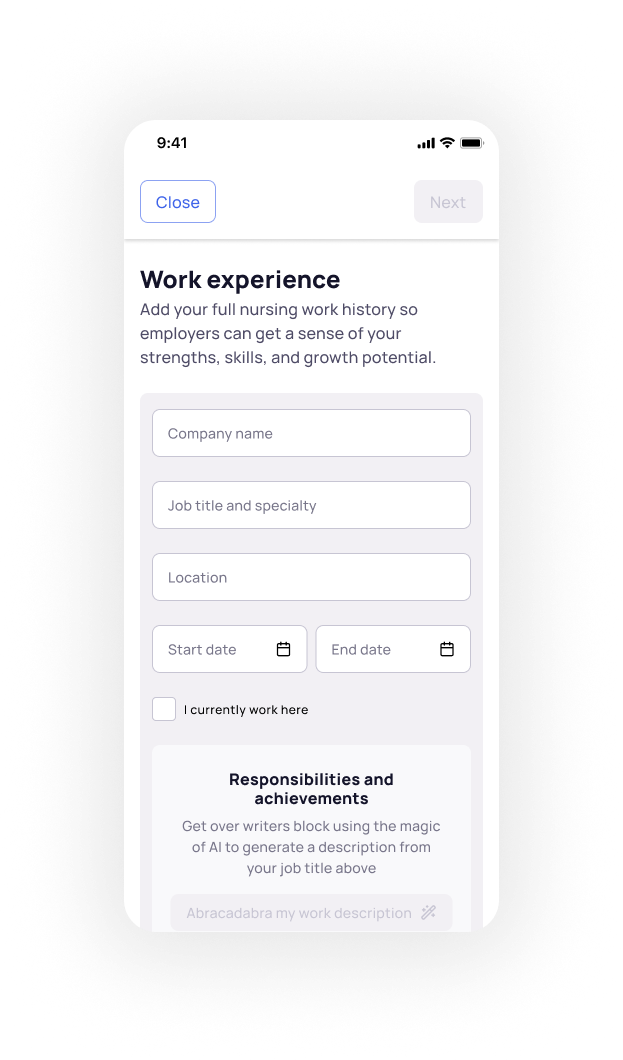 Work experience form - empty state